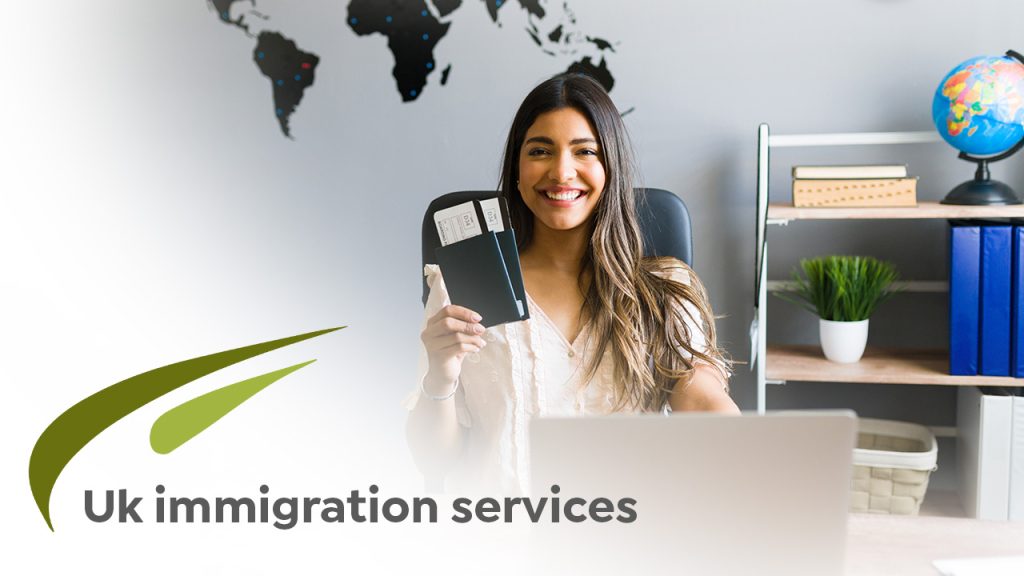 a picture for a girl holding passpert in an office- Uk immigration services